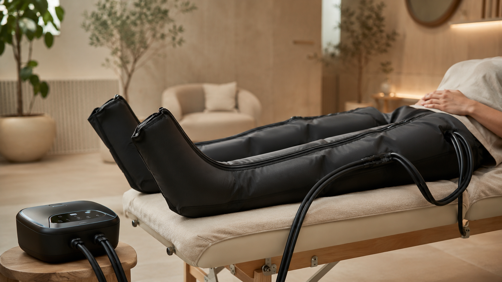 A person lying on a massage table with air compression boots at Nee's PT