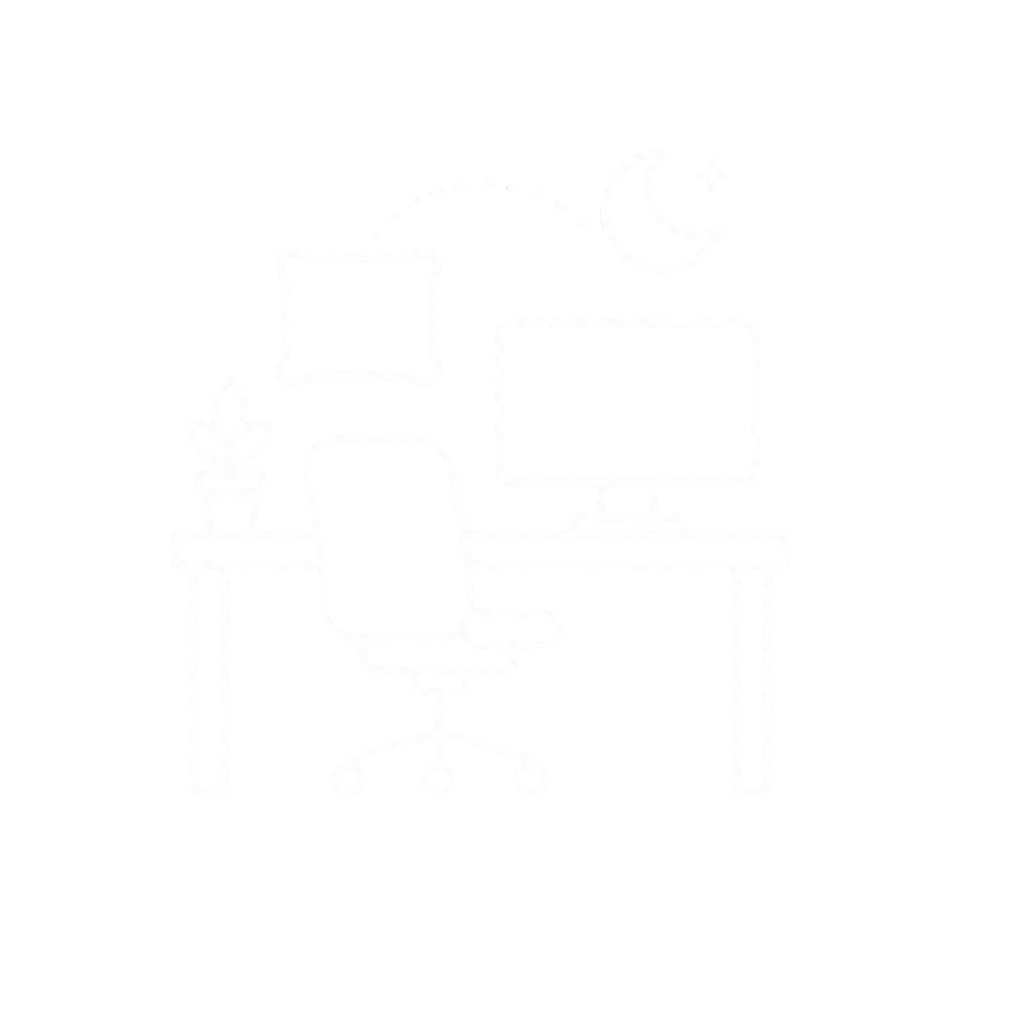 Line drawing of a home office setup with a desk, office chair, computer monitor, potted plant, pillow, and moon with stars in the background.