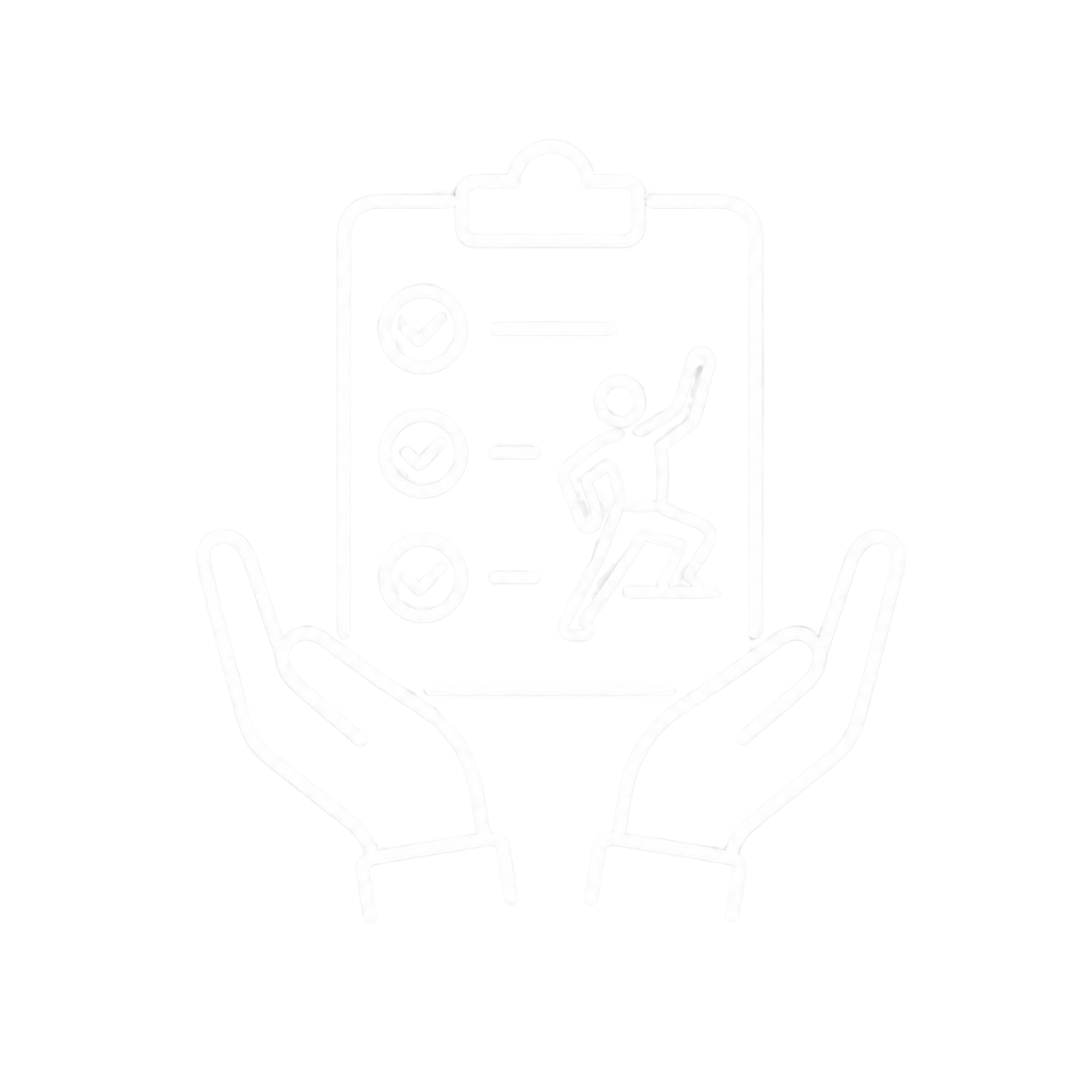 White line drawing of a hand holding a clipboard with checkmarks and a person exercising, on a black background.
