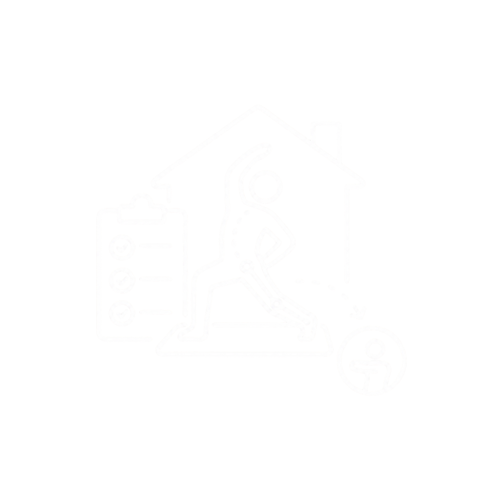 Outline of a person doing yoga in front of a house, with a prescription bottle to the left and a smaller person icon with an arrow pointing to the larger person, indicating exercise or therapy at home.