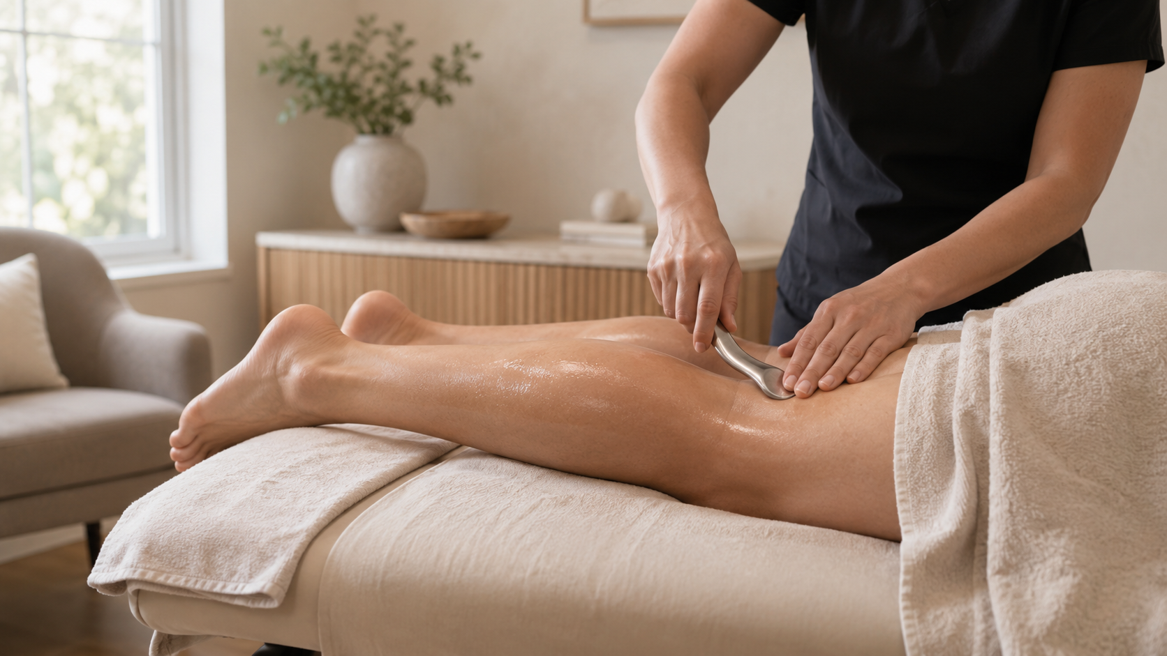 Person receiving a Graston therapy on their leg at Nee's Physical Therapy Hoboken