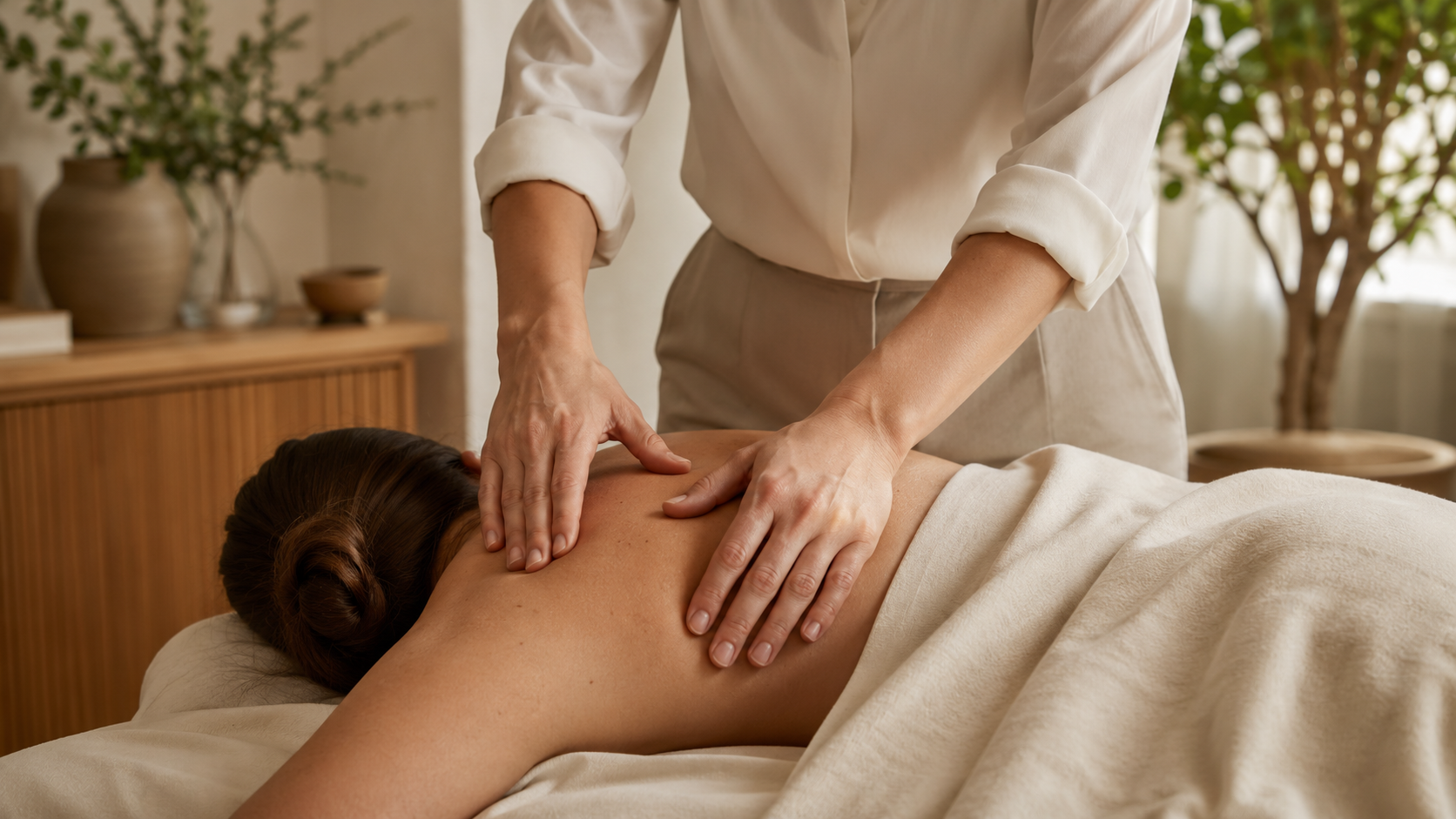 A person lying face down on a massage table receiving manual therapy from a physical therapist at Nee's Physical Therapy Hoboken