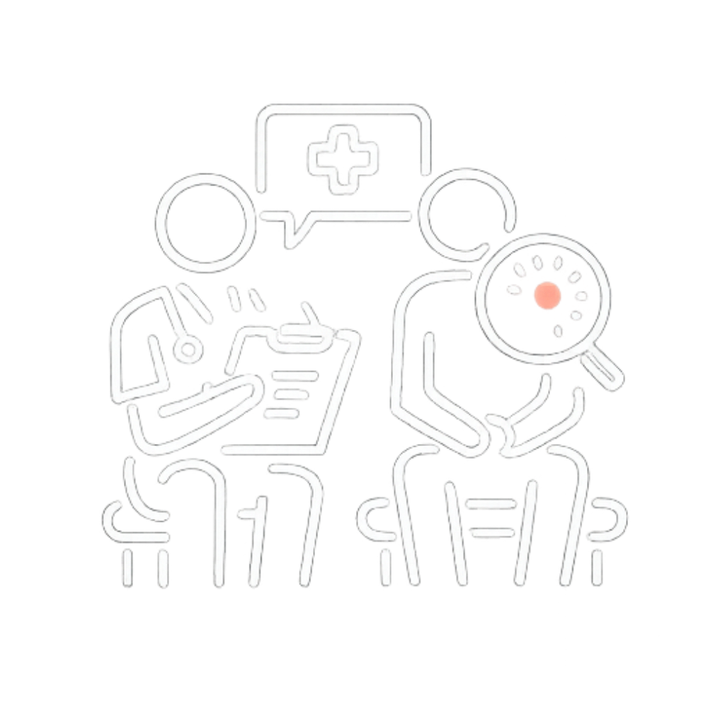 Neon outline of a medical professional and a scientist, both wearing scrubs, with a computer monitor displaying a medical cross and a magnifying glass examining a virus.