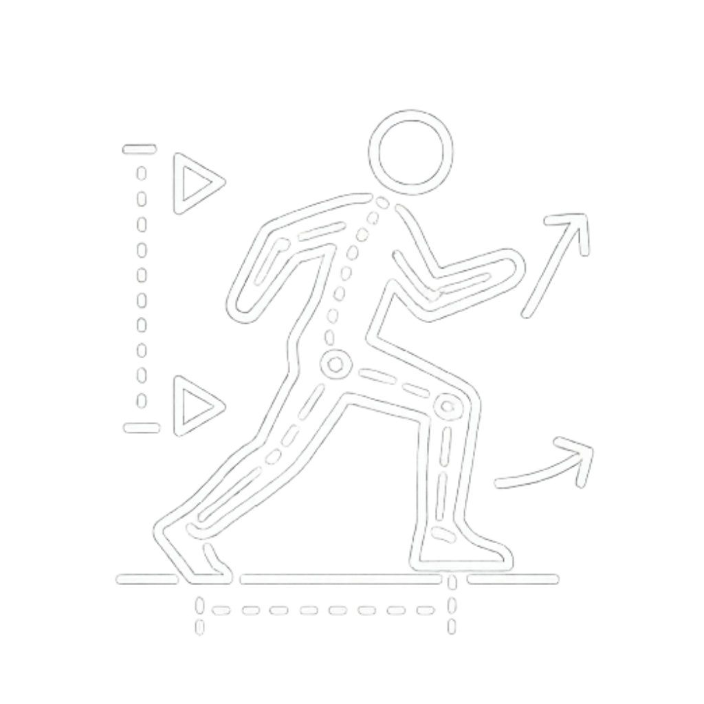 Line icon of a person running with arrows indicating movement and body alignment.