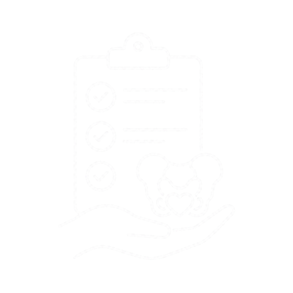 Outline drawing of a hand holding a clipboard with checkmarks and a heart inside a pelvis silhouette.