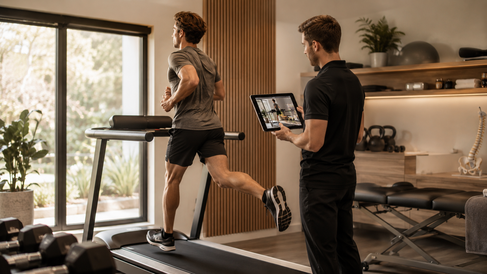 A man running on a treadmill undergoing a Gait Analysis at Nee's Physical Therapy
