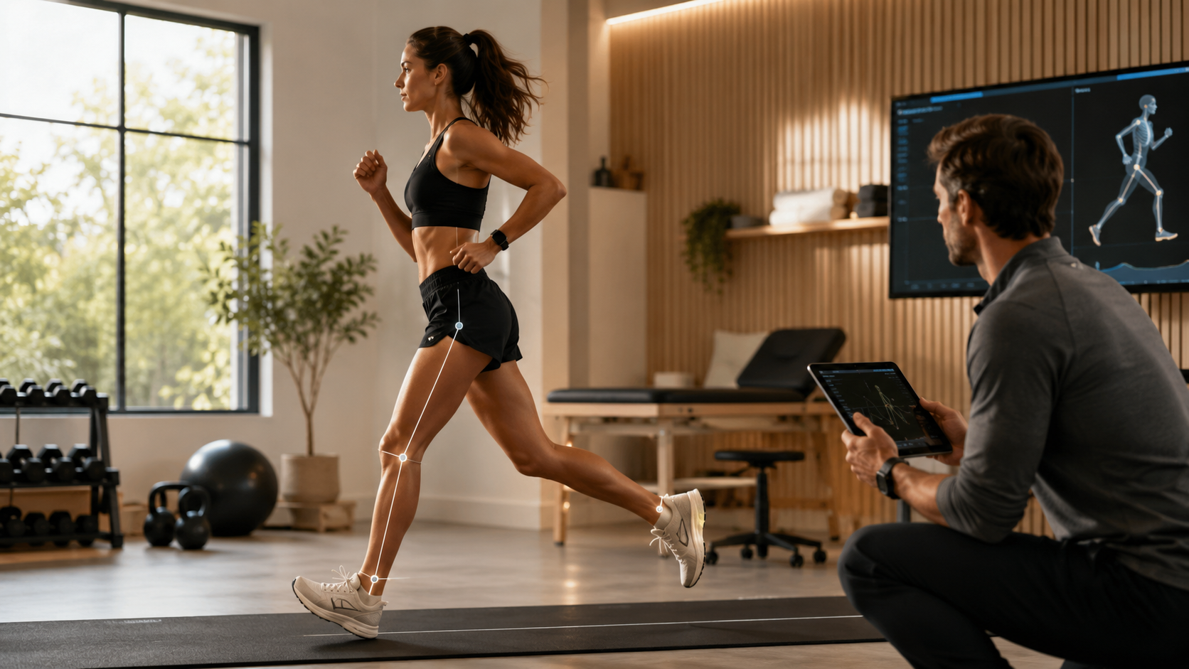 A woman running on a treadmill undergoing a Gait analysis at Nee's Physical Therapy