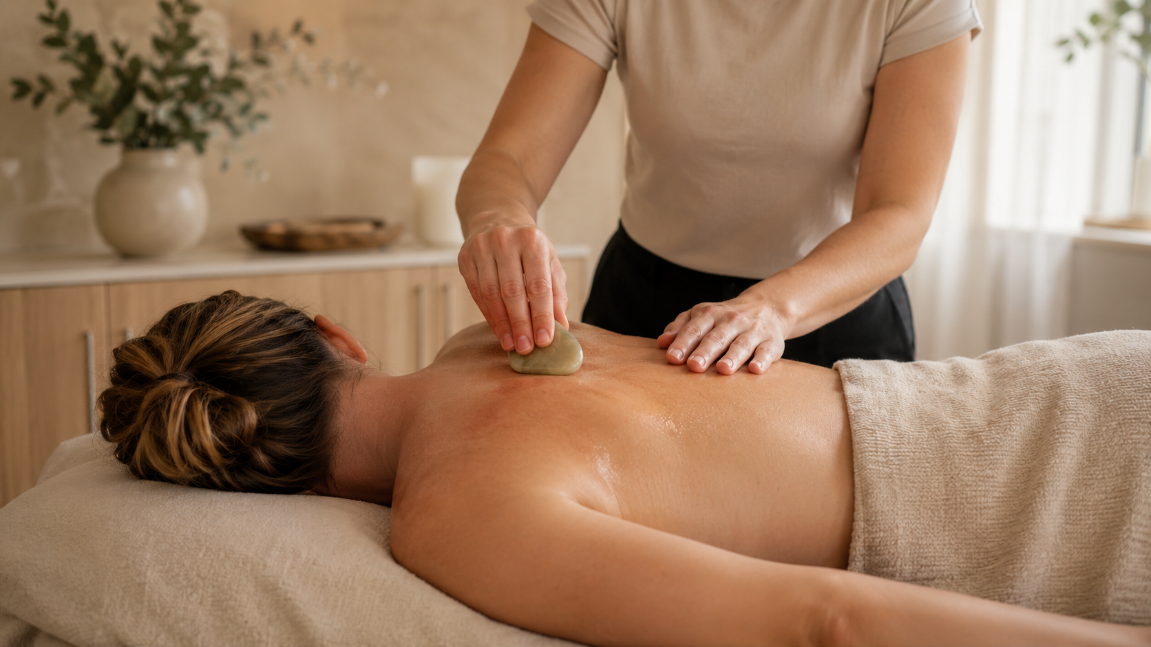 A person receiving a Gua Sha therapy at Nee's Physical Therapy