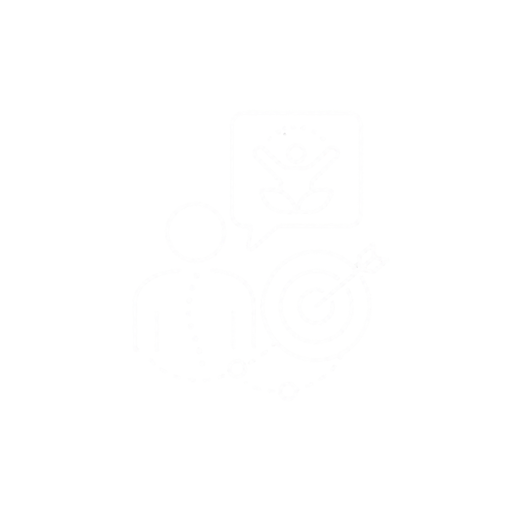 Line drawing of a person with a dotted line around them, a speech bubble with a meditating figure, and a target with an arrow, symbolizing mindfulness, focus, and meditation.