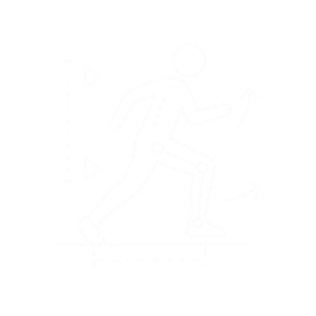 Outline illustration of a person running with motion lines and arrows indicating movement and direction, on a black background.
