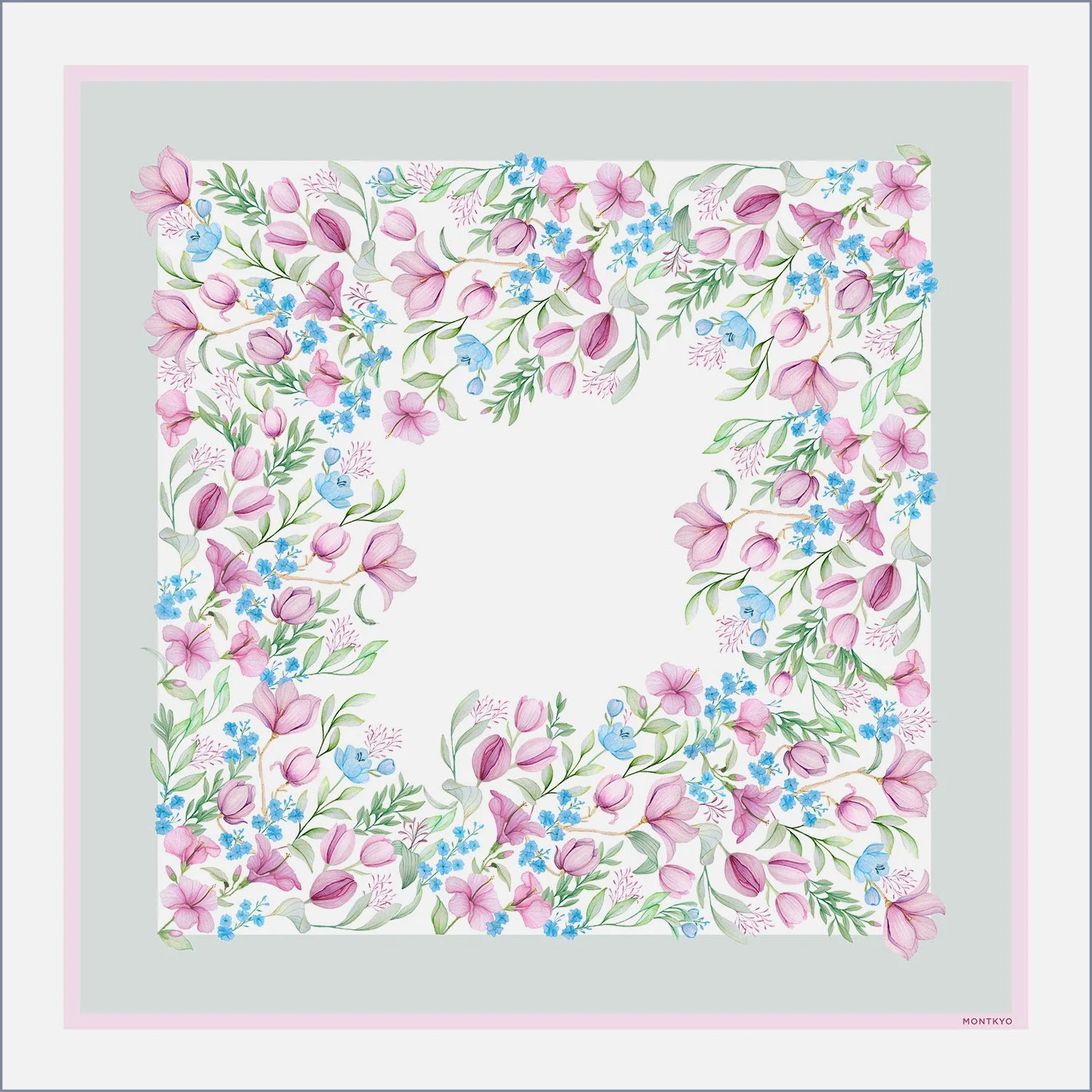 A floral pattern scarf featuring pink tulips, blue forget-me-nots, and green leaves, with a light gray and pink border.