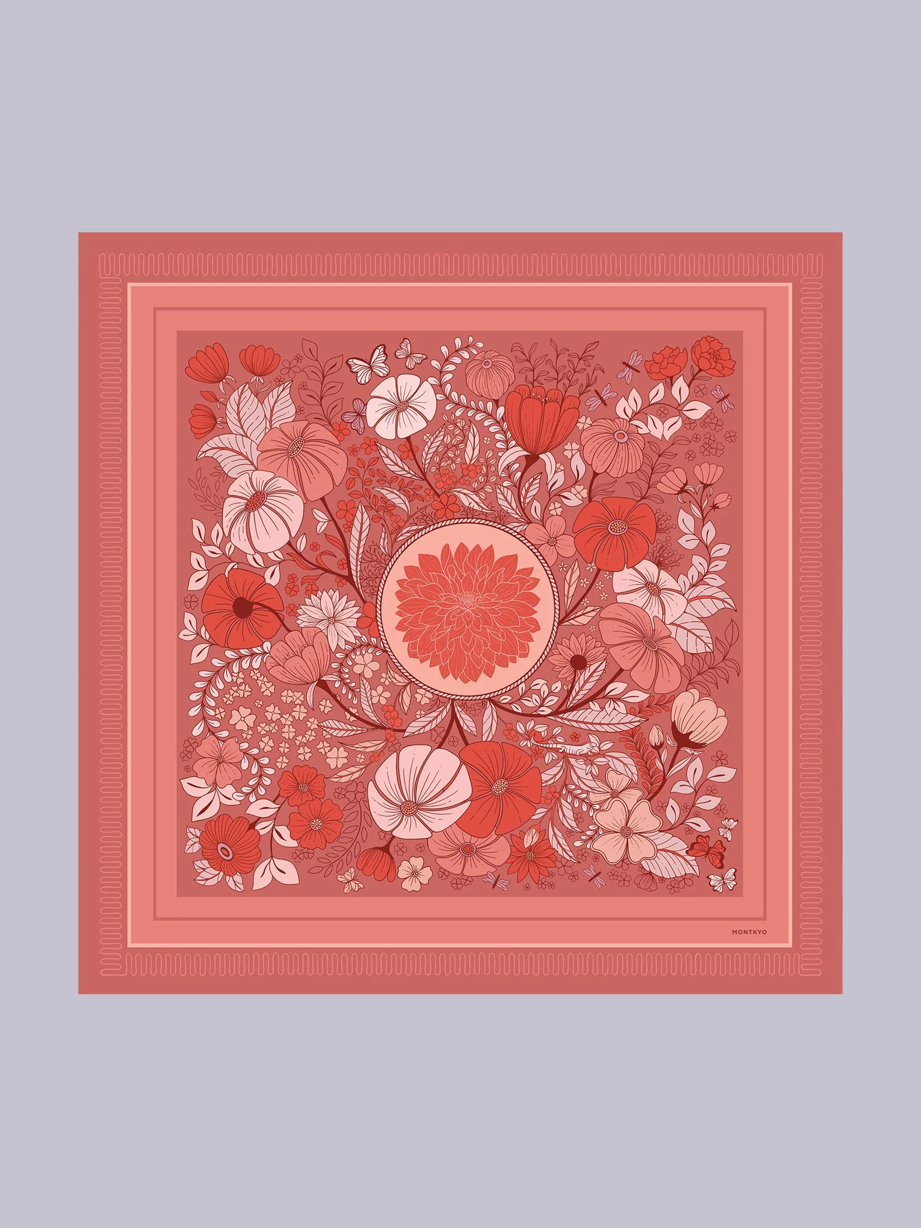 Full design of the Wild Bloom hand-illustrated silk scarf by MONTKYO, showing the complete pattern.