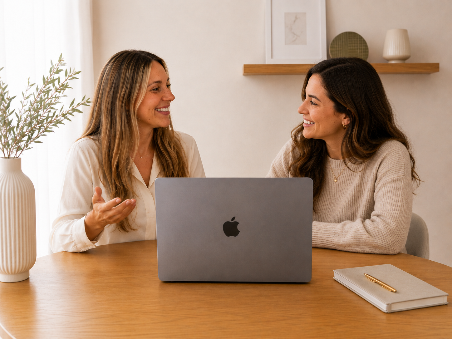 Two women having a conversation at a wooden table with a laptop, a notebook, and a pen, in a neutral-colored room with minimal decor.