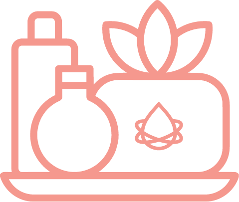 Line drawing of skincare or cosmetic bottles and a soap or lotion bar with leaves on a tray.