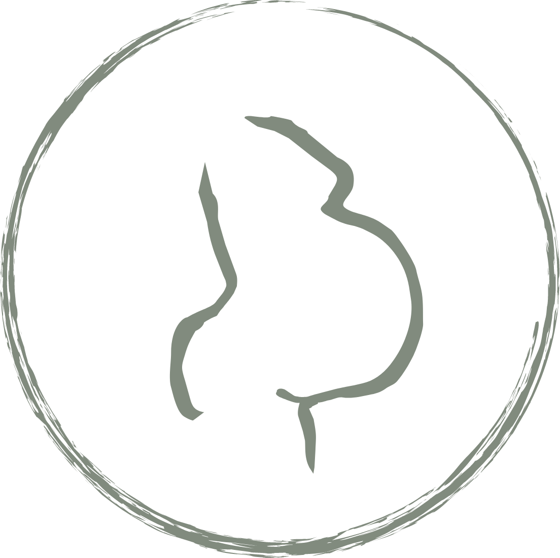 A hand-drawn circle with a minimalist outline of a human face in profile inside, featuring prominent nose and lips, against a black background.