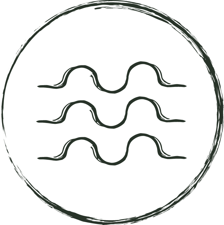 Black and green stylized icon with three wavy lines inside a circle.