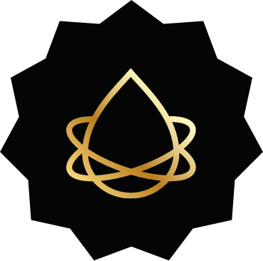 Gold geometric logo resembling a droplet with circular lines around it on a black background.