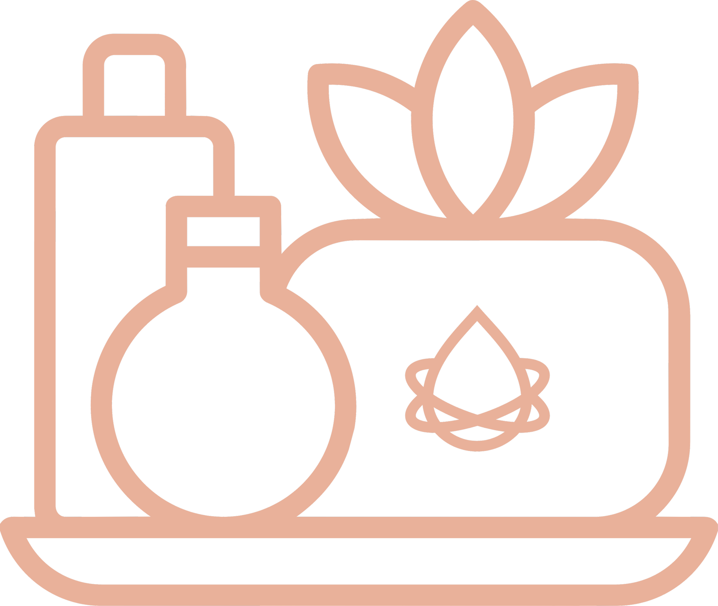 Line drawing of beauty products including a perfume bottle, a jar, and a flower on a tray.