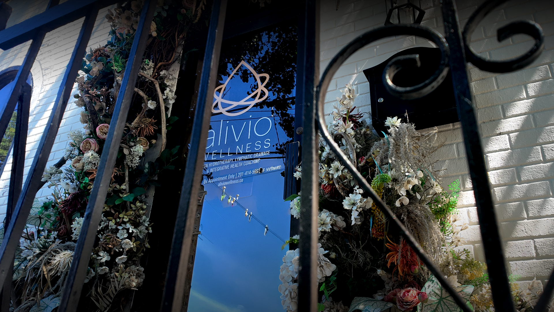 The photo shows a window with a sign for AliVio Wellness, a health and wellness business offering hydrotherapy, lymphatic drainage, and integrative health coaching. The window is decorated with various flowers and plants, and the photo is taken from outside through a black wrought iron fence.