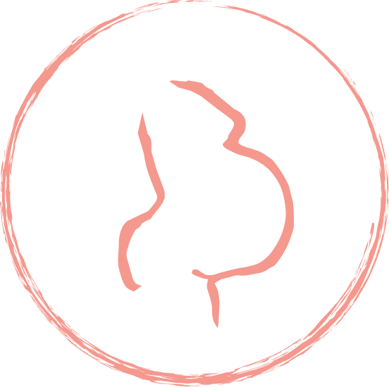 Line art of a pregnant woman's silhouette inside a pink circle.