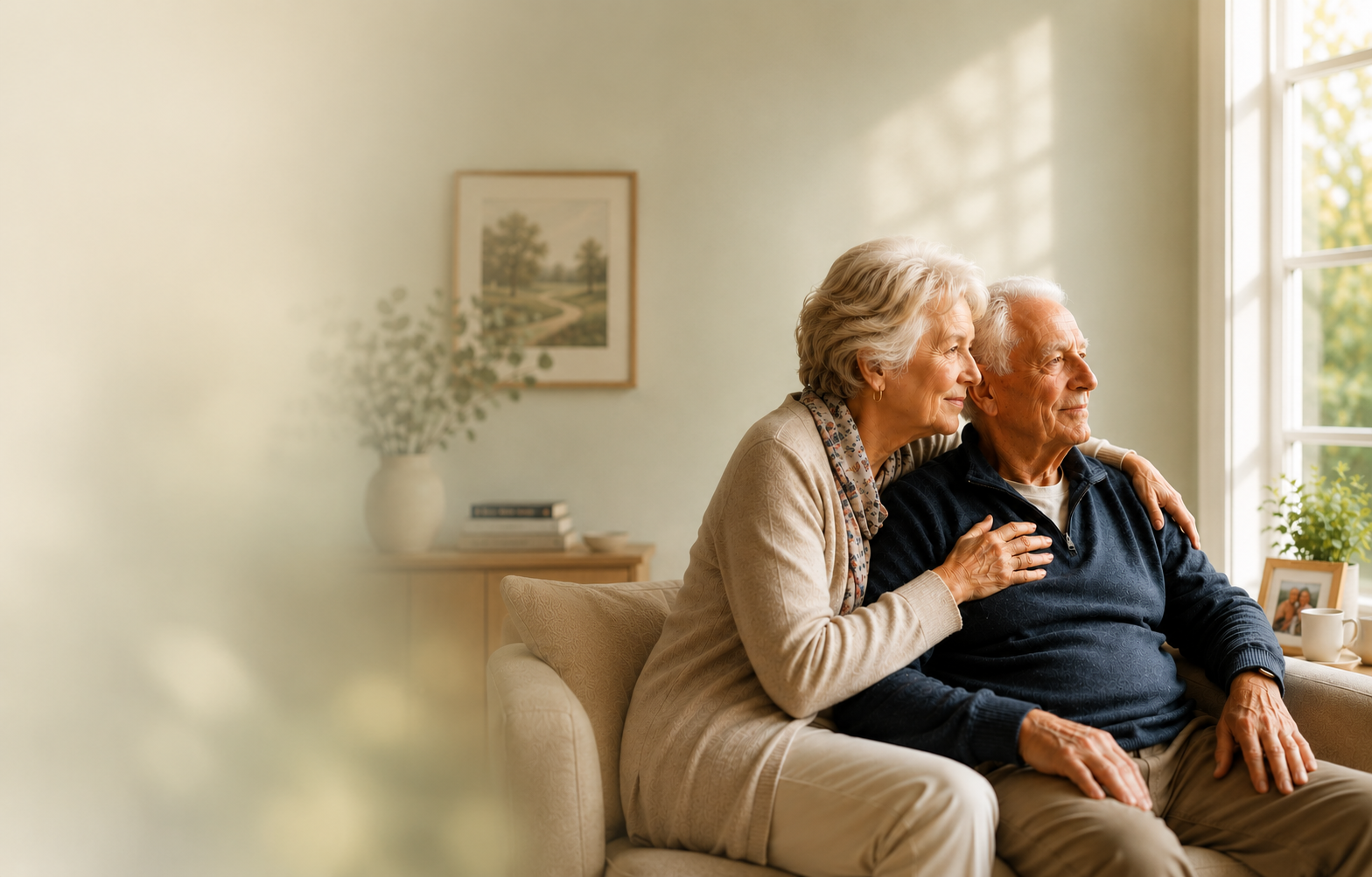 Elderly woman and man sitting on a beige sofa in a bright living room, looking out the window together.