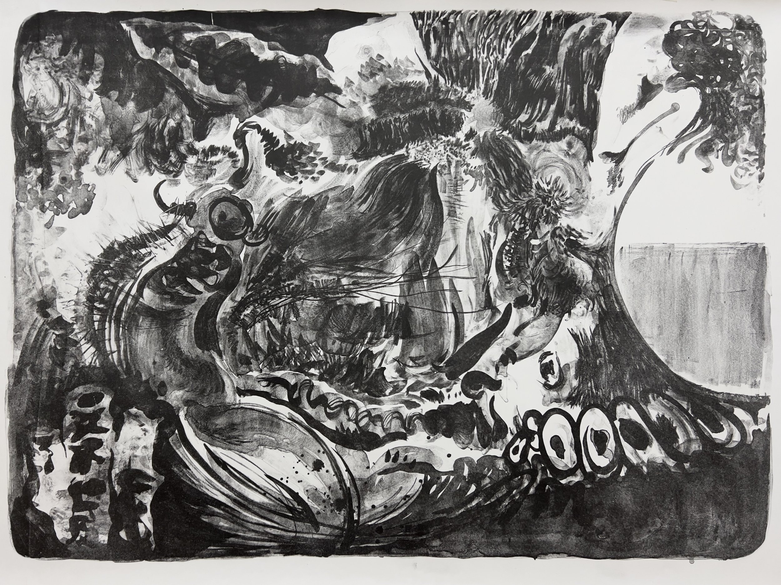 Black and white painting of wolves in a snowy forest, with trees and branches surrounding them.