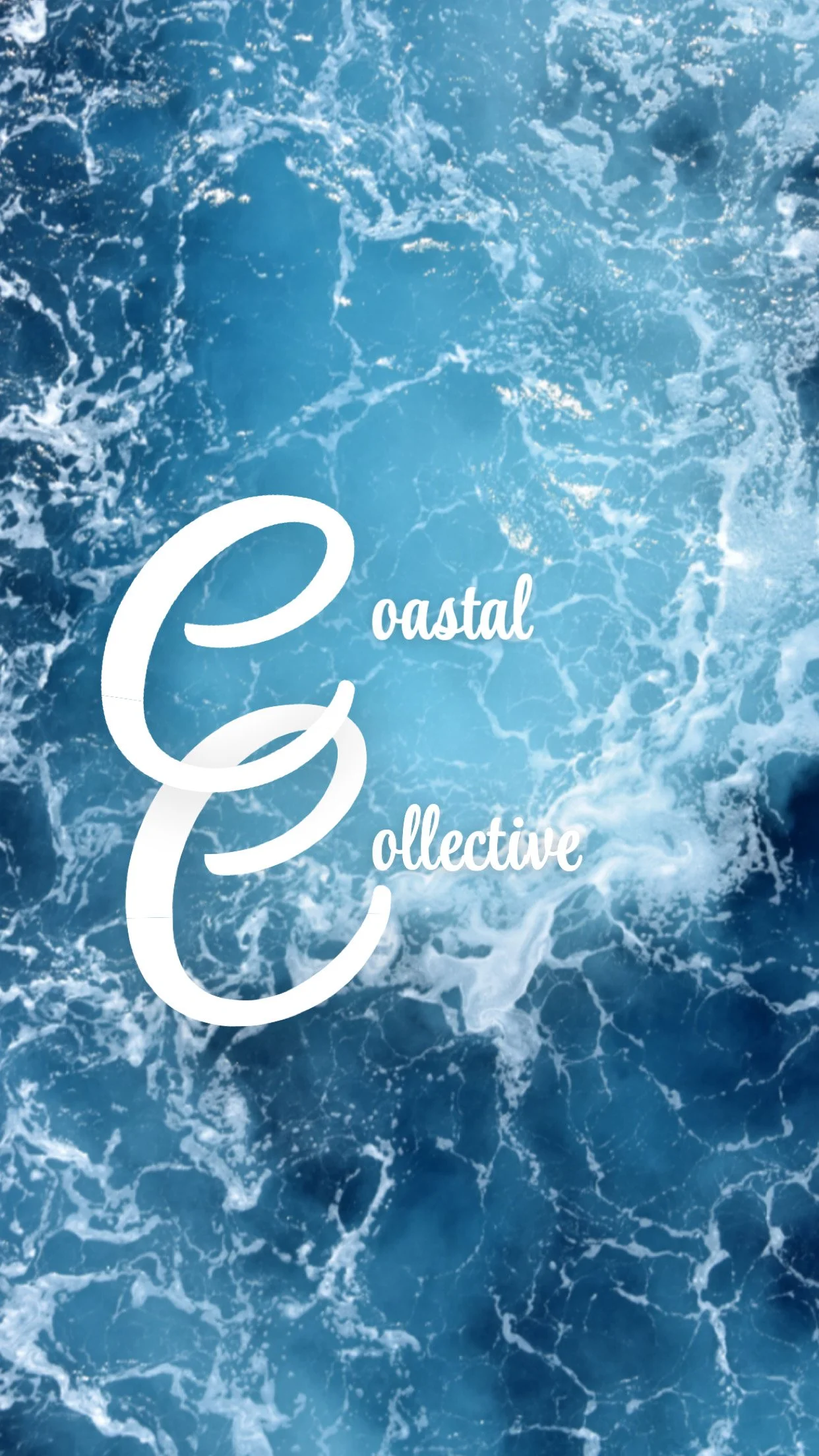 Background image of ocean waves with ripples and foam, overlaid with the text "Coastal Collective" in white cursive font.