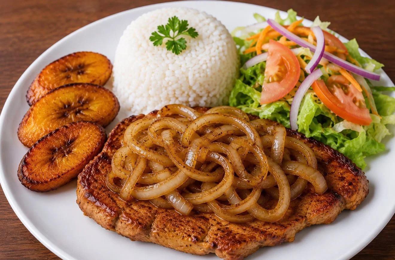 Bistec de cerdo encebollado