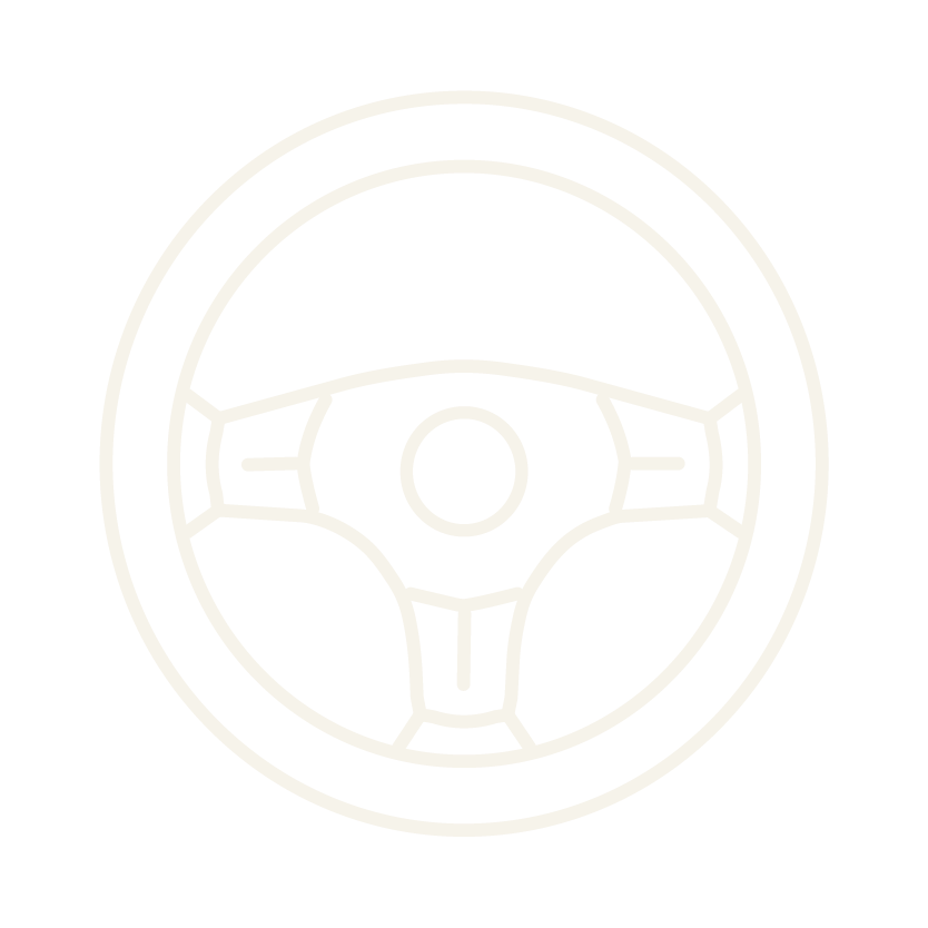 Line drawing of a car steering wheel with a circular design and a central hub.