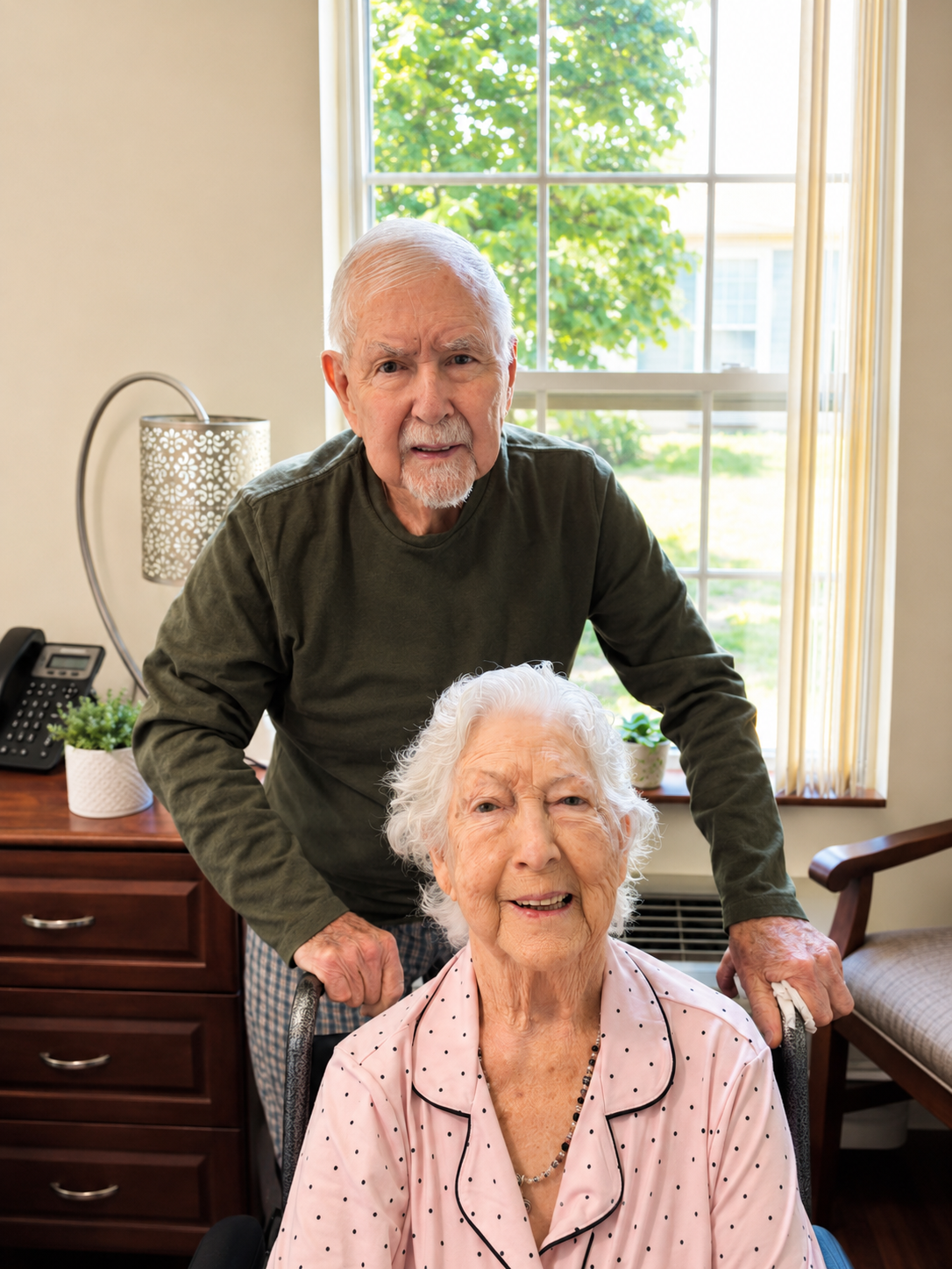 An elderly woman sitting in a wheelchair and smiling, with an elderly man standing behind her in a room with a large window and a view of a garden outside.