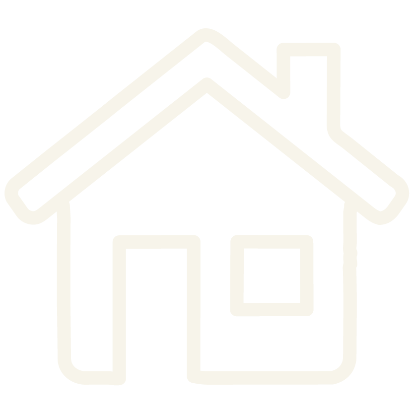 Outline drawing of a house with a chimney, door, and window.