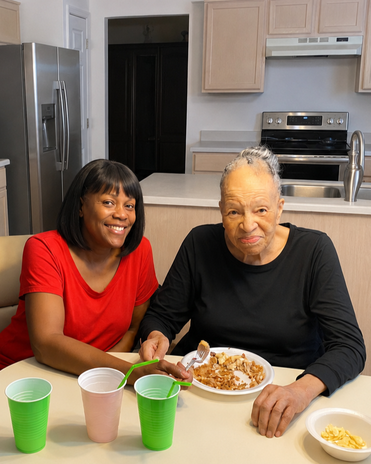 A woman and an elderly woman sitting at a table in a kitchen. The elderly woman is eating from a plate with food. There are three cups with straws on the table.