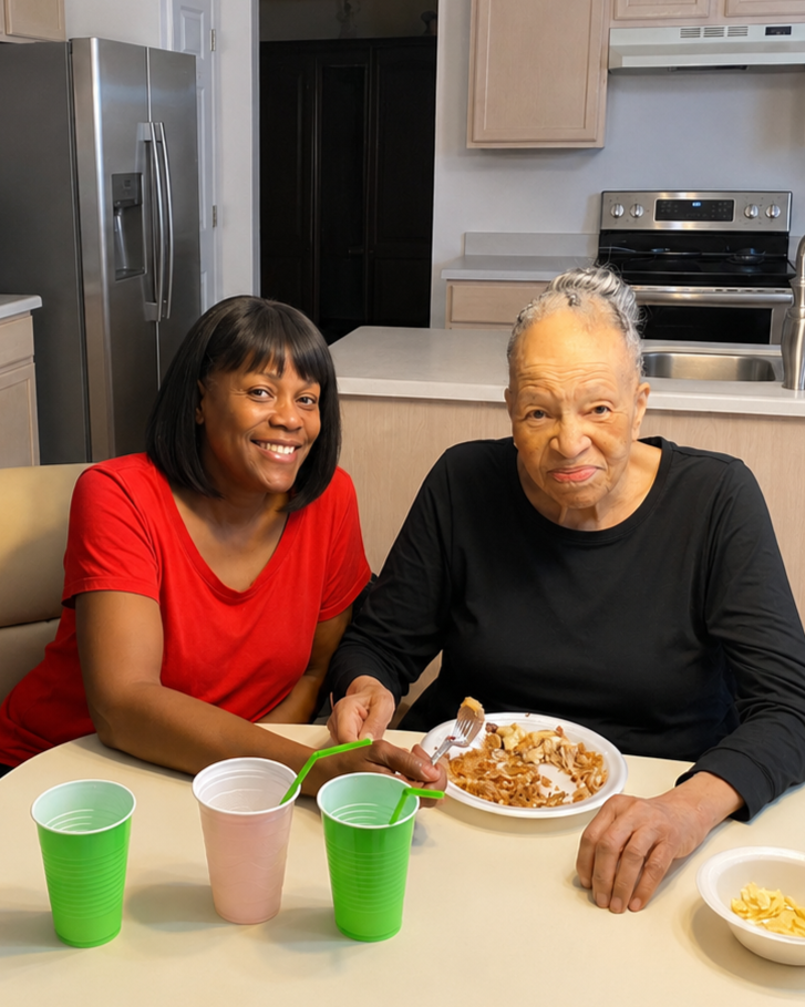 A woman in a red shirt and an elderly woman in a black shirt sitting at a kitchen table with green cups, a pink cup, and a bowl of food.