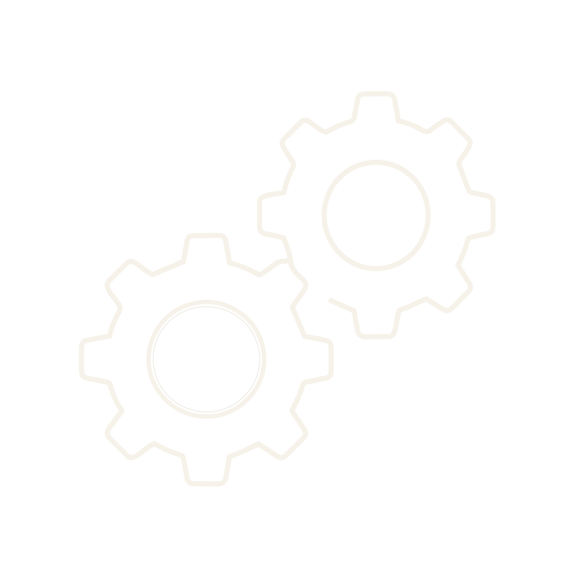 Outline of two interlocking gear symbols on a black background.