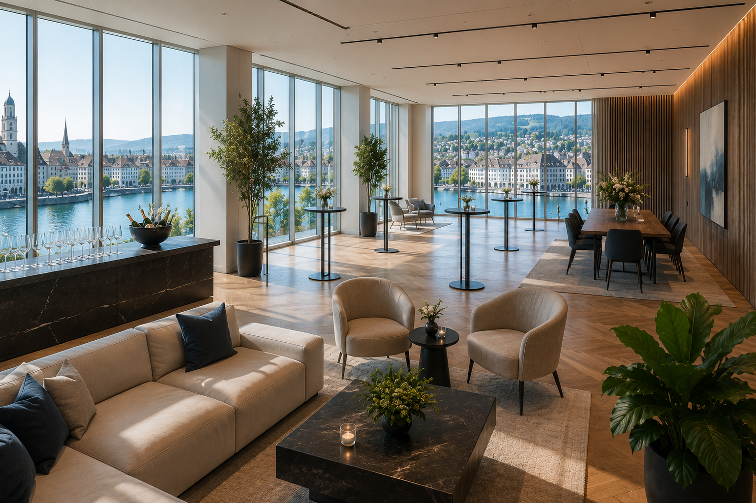 Modern corporate event venue in Zurich with natural light and elegant design.