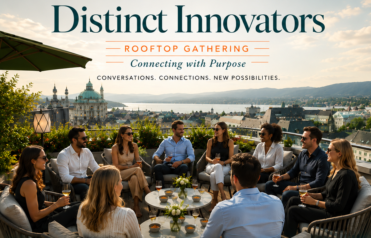 Distinct Innovators rooftop networking gathering in Zurich, with professionals connecting over drinks in an elegant setting overlooking the city.