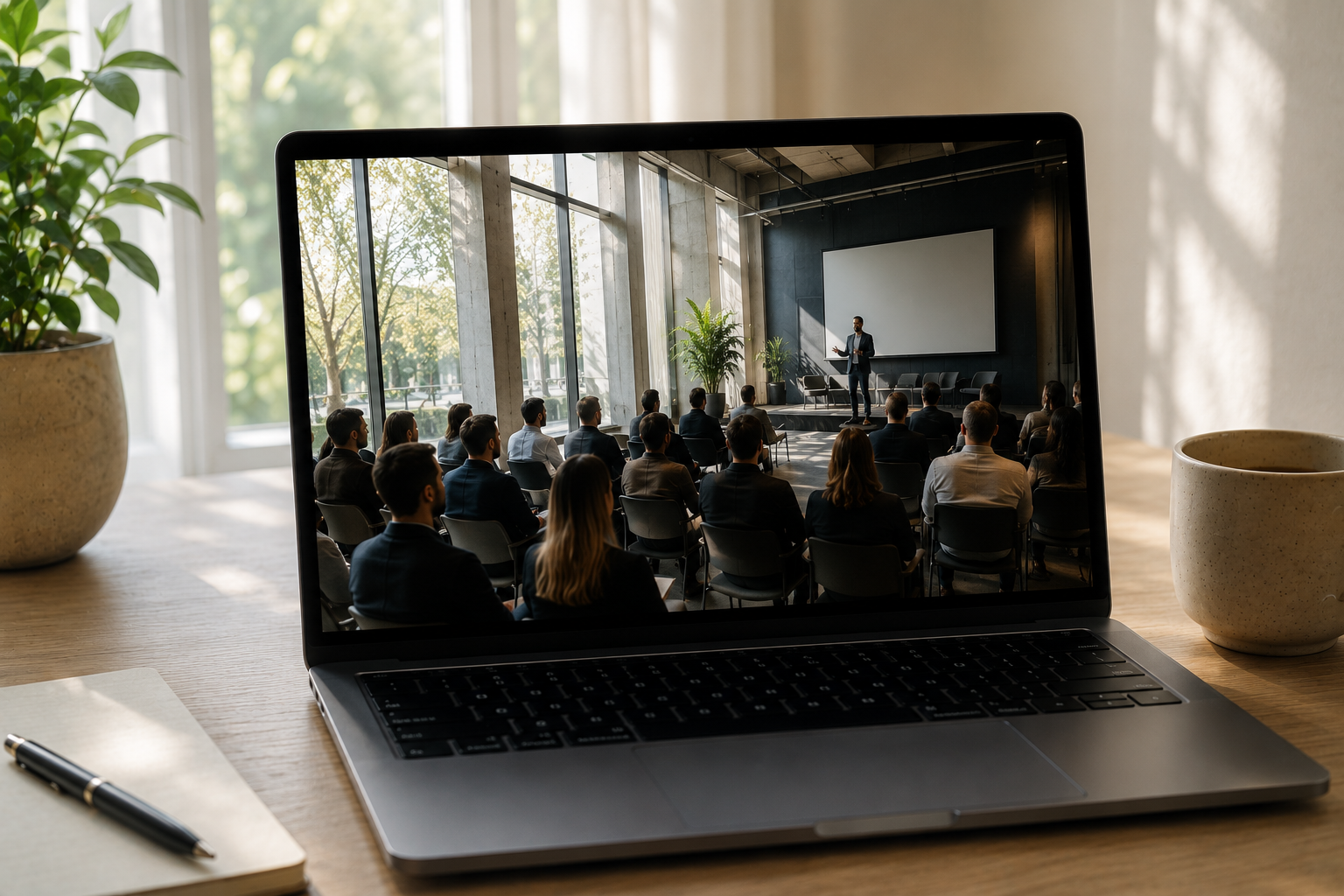 Professionals participating in a boutique corporate event discussion Zurich with natural light and elegant design.