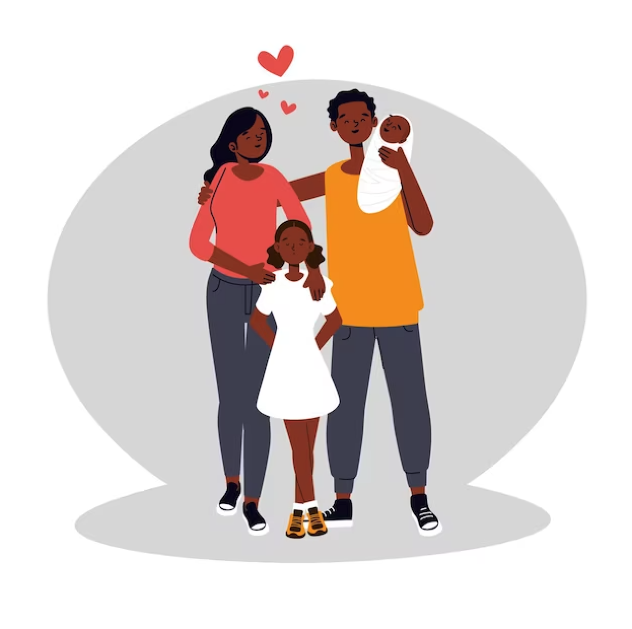 A family of four with two children, including a mother, father, daughter, and newborn baby, standing together with love and affection.
