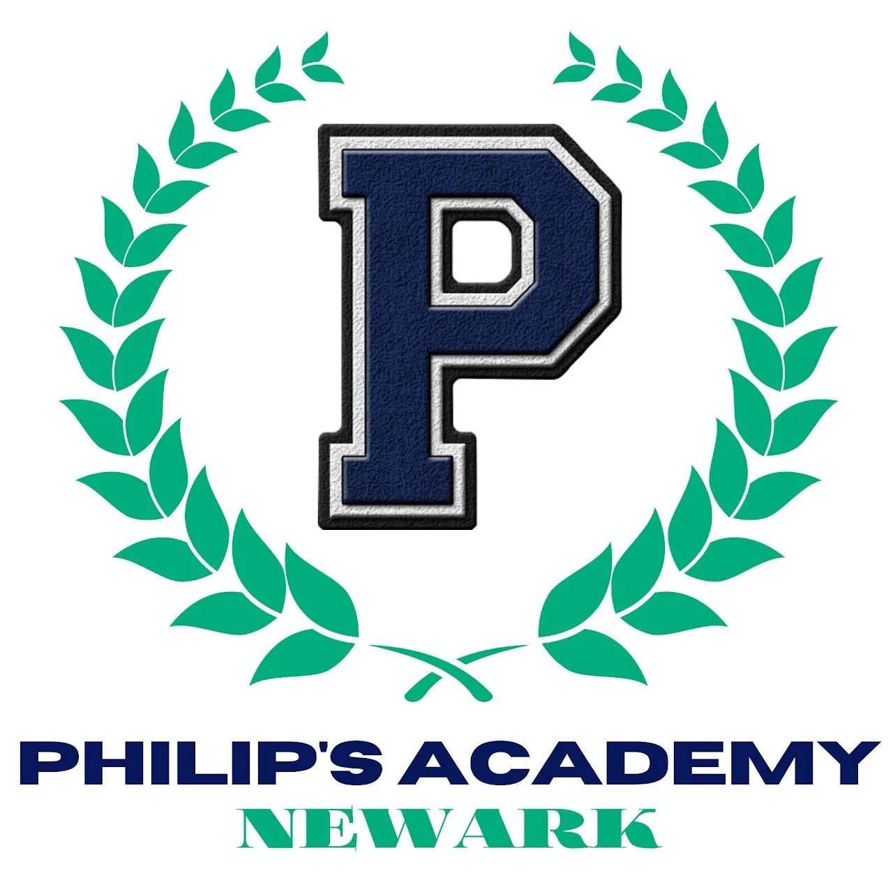 Logo with a large blue letter 'P' outlined in white and black, surrounded by a green laurel wreath, with text below reading 'Philip's Academy Newark'.