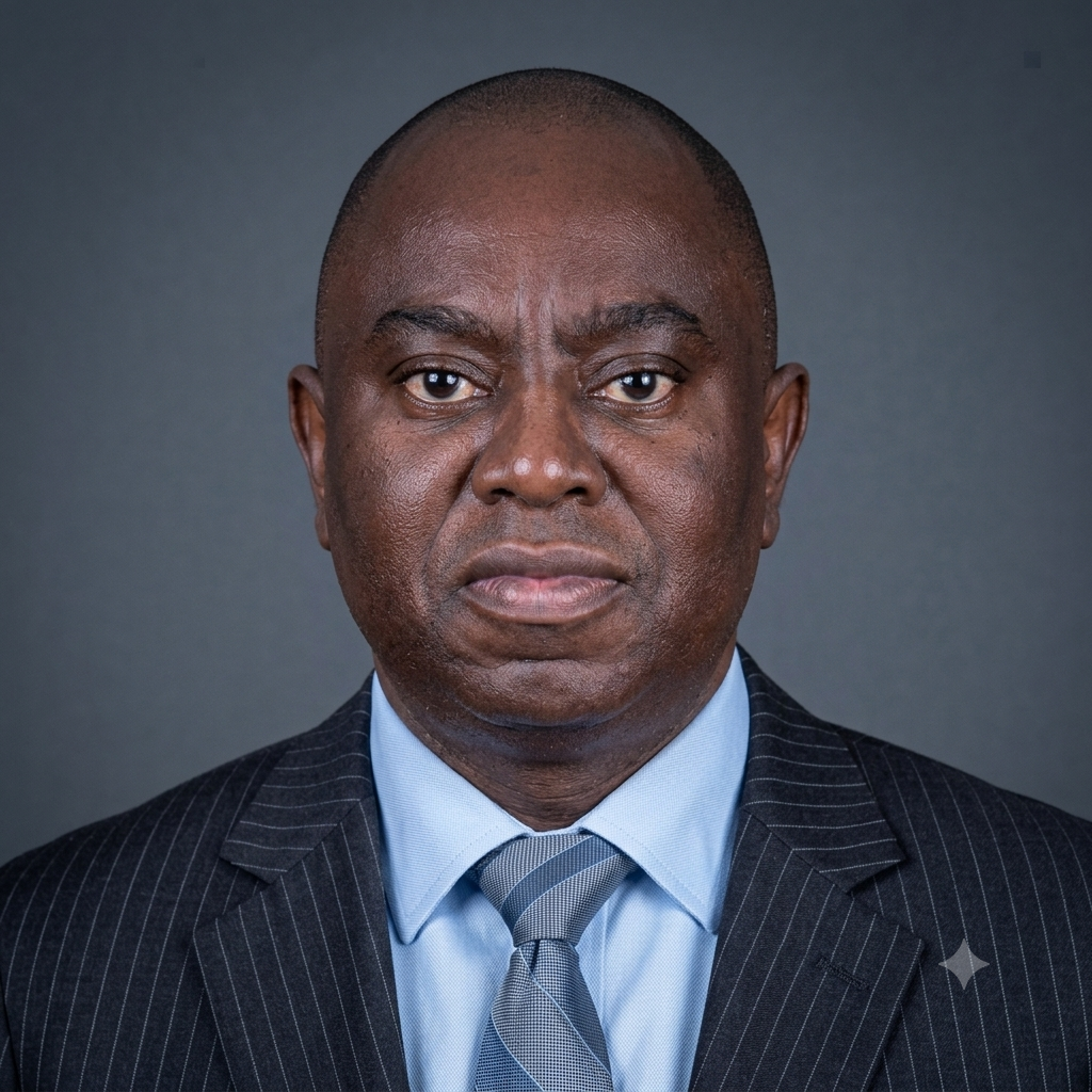 A portrait of a serious African American man in a dark pinstripe suit, light blue shirt, and patterned tie against a plain gray background.