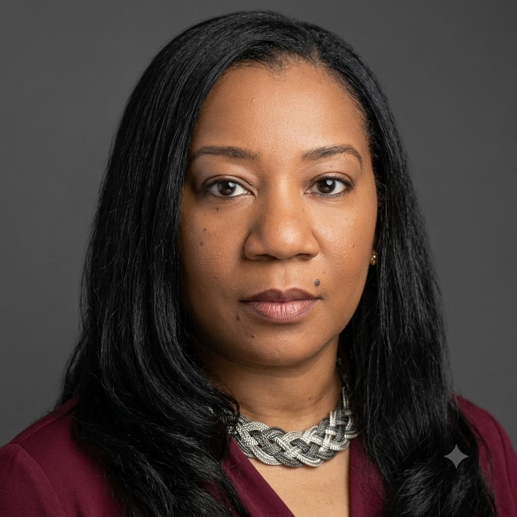 Close-up portrait of a woman with long black hair wearing a maroon top and a silver woven necklace, against a neutral gray background.