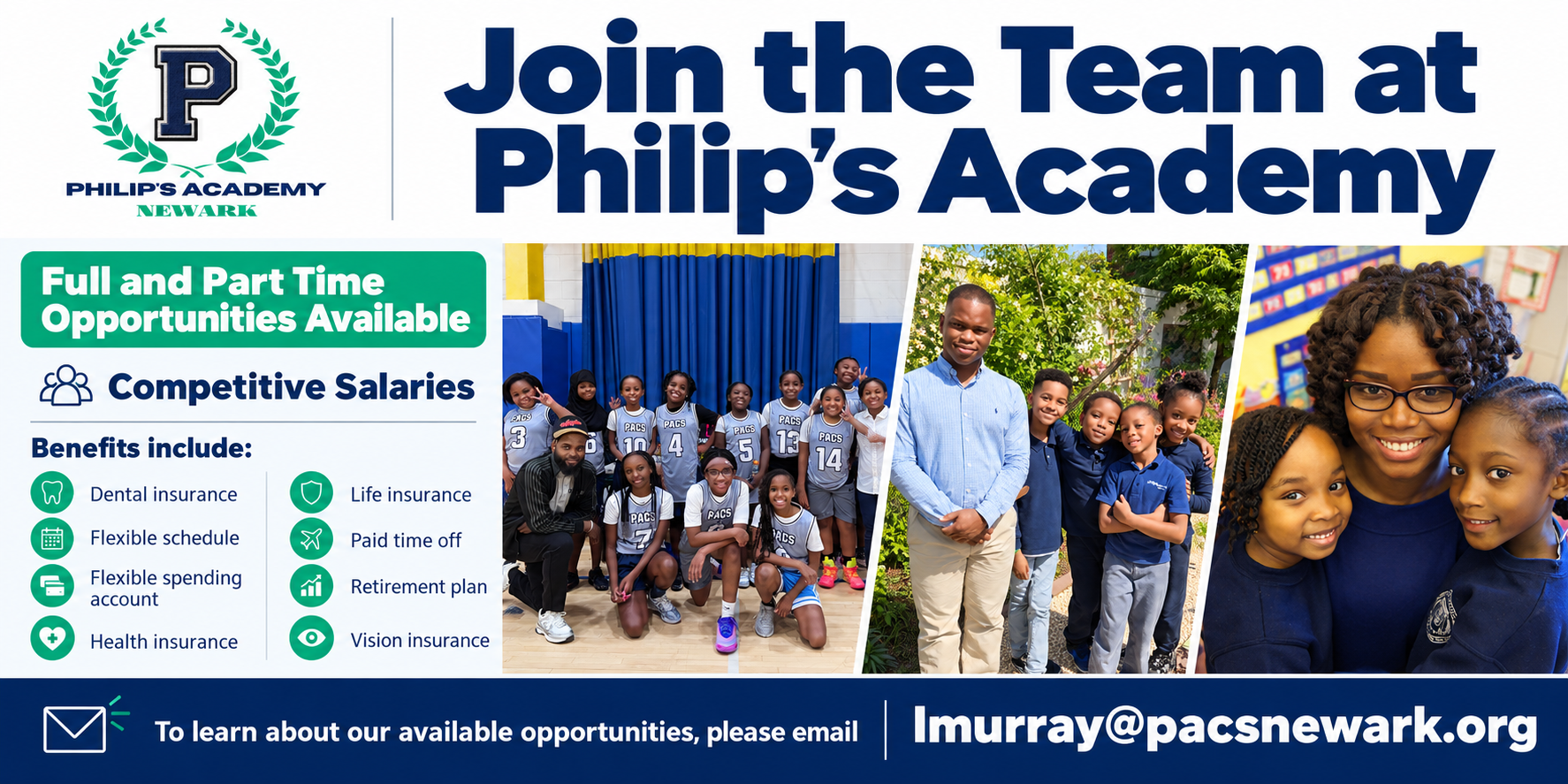 A promotional flyer for Philip's Academy Newark featuring images of students, a teacher, and a group of children, with details about full and part-time opportunities, benefits, and contact information.