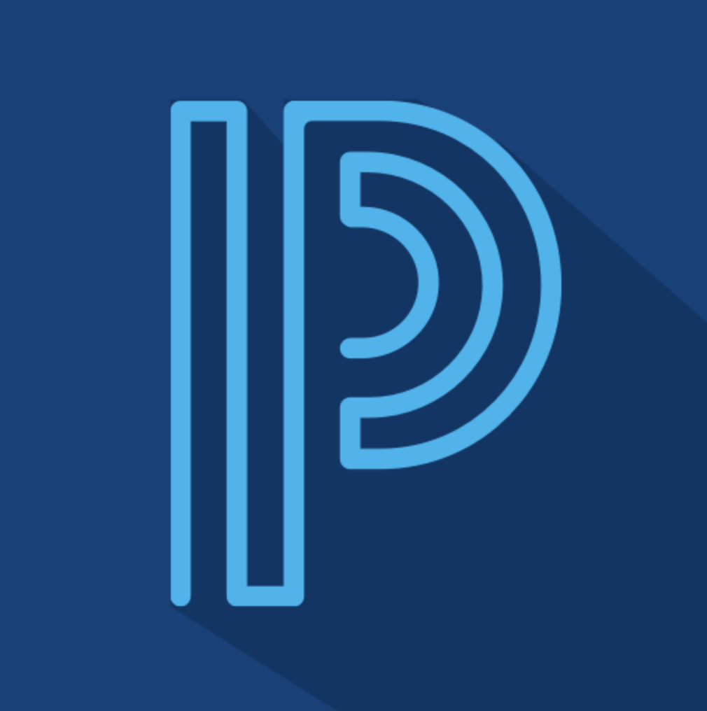 Blue neon 'P' symbol on dark background.