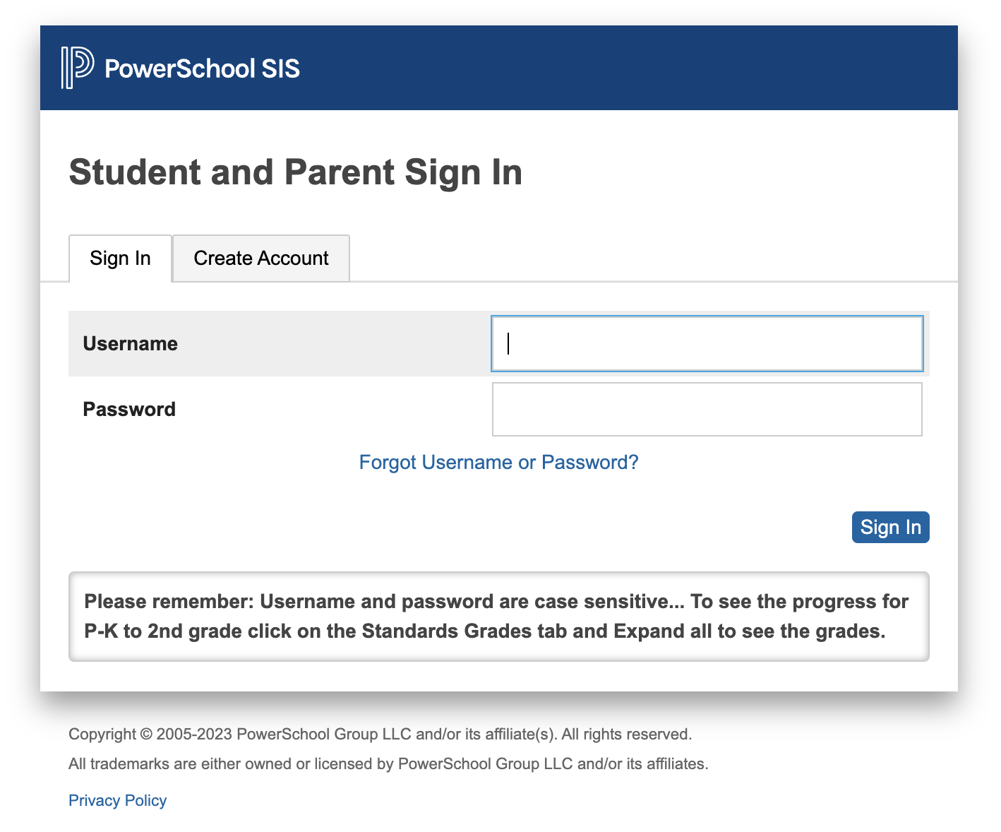 PowerSchool SIS Student and Parent Sign In page with username and password fields, sign-in and create account options, and a link for forgotten credentials.