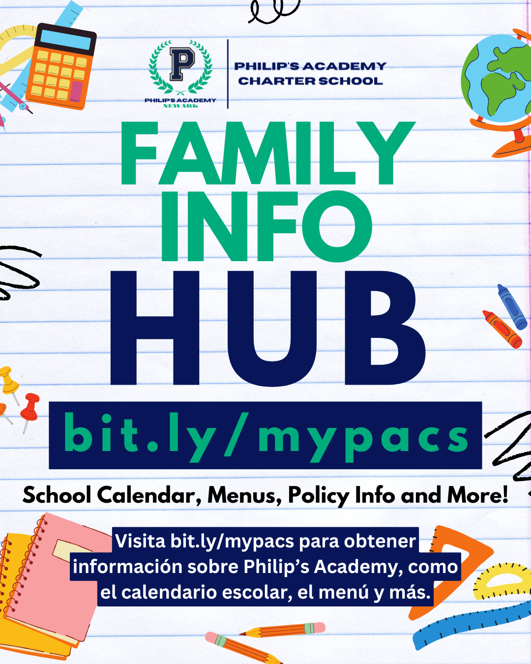 School flyer for Philip's Academy Charter School with colorful school supplies, including a calculator, globe, notebooks, crayons, and rulers. It provides a link to the school’s family info hub for calendar, menus, and policies.