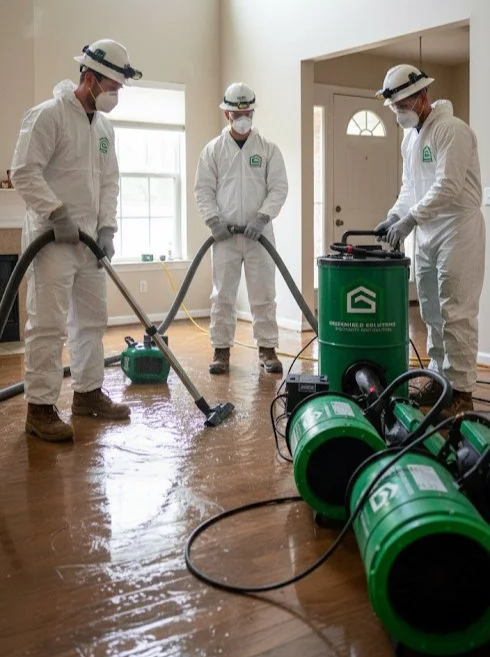 Three professionals in white protective suits, masks, gloves, and helmets working with water extraction equipment on a wooden floor inside a house.
