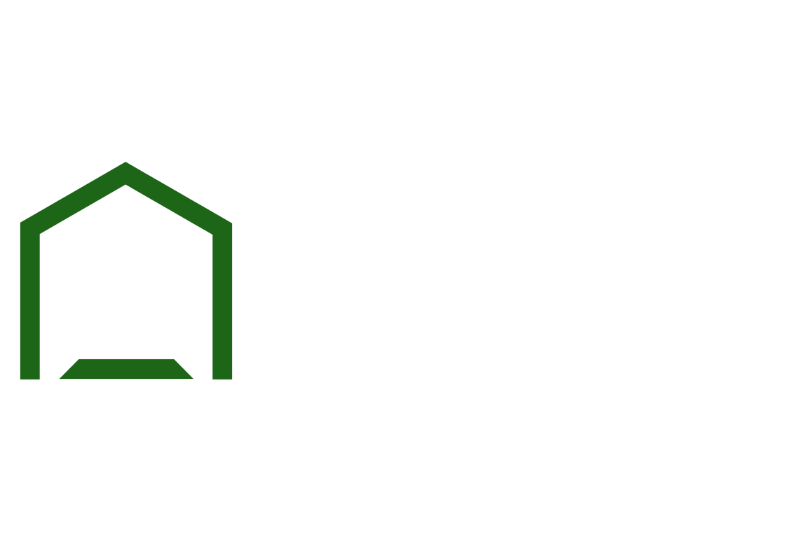 Green outline drawing of a house with a gable roof and a door. Donut-shaped object in front of the house.