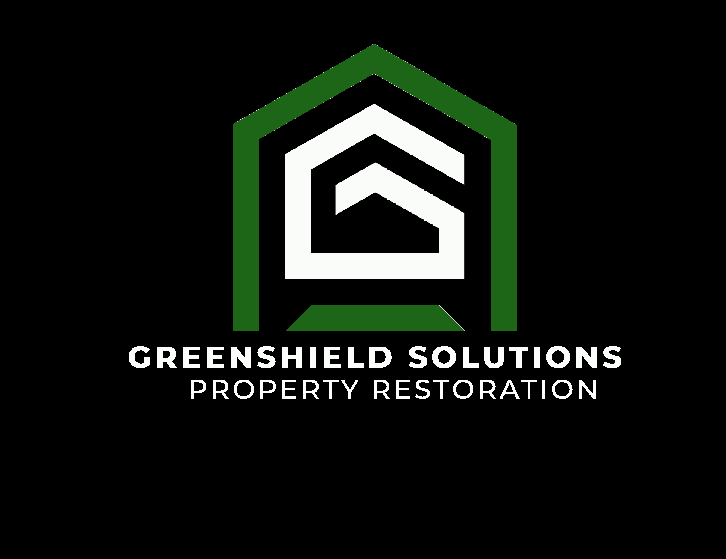 Logo for Greenshield Solutions Property Restoration, featuring a minimalist house design with green, white, and black colors.