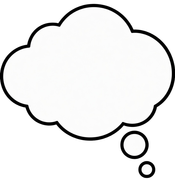 A blank thought bubble with smaller bubbles leading to it, on a black background.