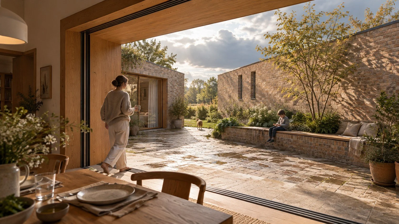 Cúirt studio concept study: a sheltered oak threshold opens onto a planted stone courtyard in evening light.